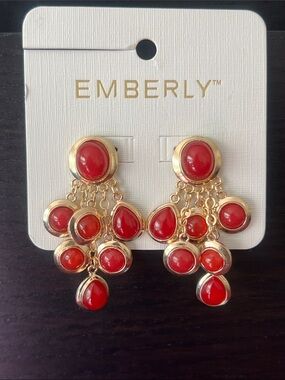 NWT Emberly Red Stone Dangle Earrings for Pierced Ears